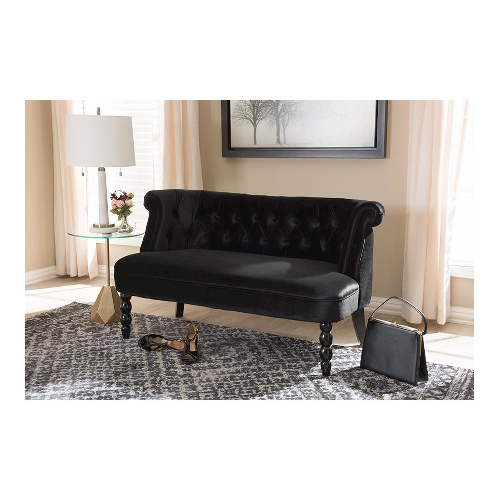 Black Velvet Fabric Upholstered 2-seater Loveseat