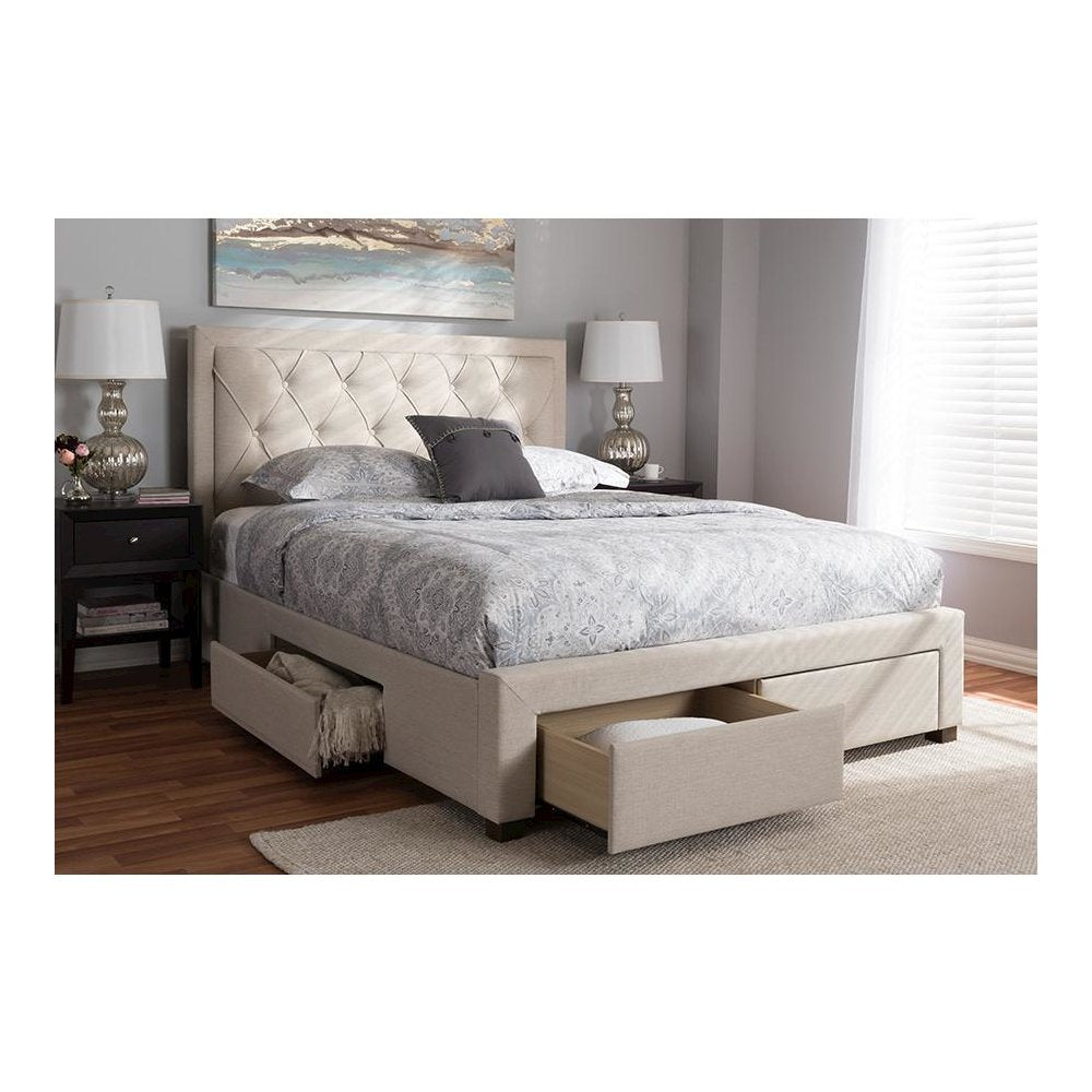 Light Beige Fabric Upholstered Queen Size Storage Bed