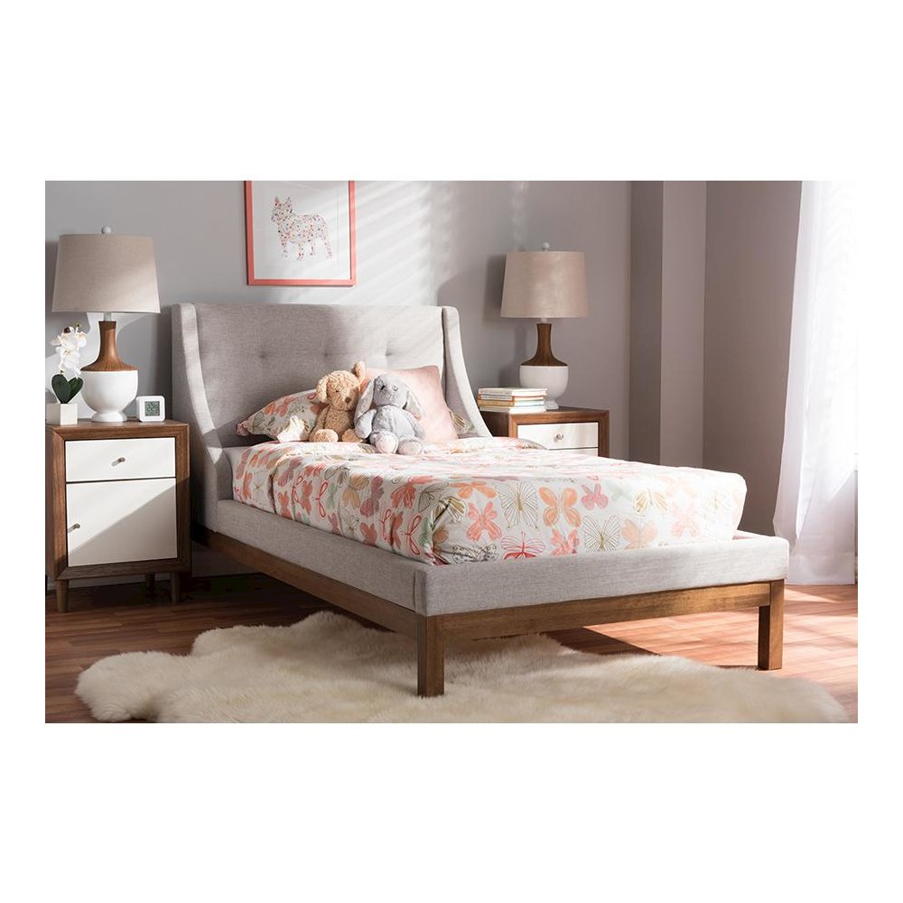 Greyish Beige Fabric Upholstered Walnut-Finished Twin Sized Platform Bed