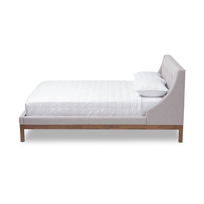 Greyish Beige Fabric Upholstered Walnut-Finished Queen Sized Platform Bed