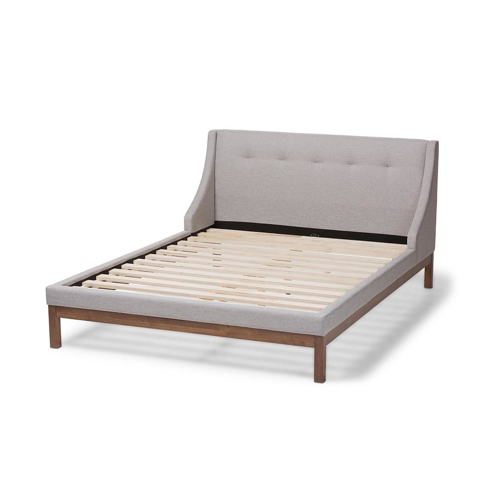Greyish Beige Fabric Upholstered Walnut-Finished Queen Sized Platform Bed