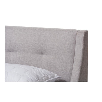 Greyish Beige Fabric Upholstered Walnut-Finished Queen Sized Platform Bed
