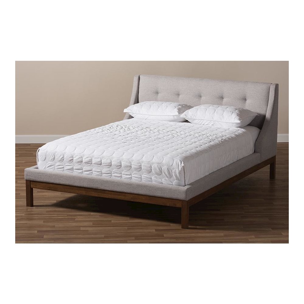 Greyish Beige Fabric Upholstered Walnut-Finished Queen Sized Platform Bed