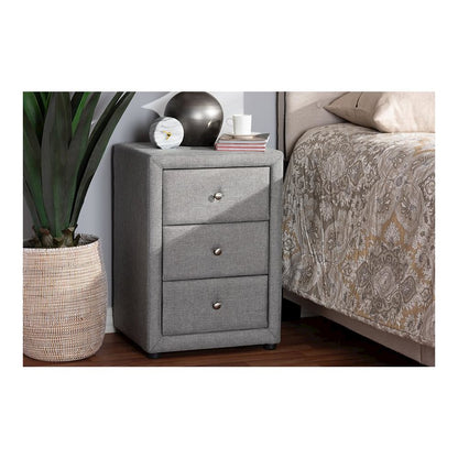 Tessa Modern and Contemporary Grey Fabric Upholstered 3-Drawer Nightstand