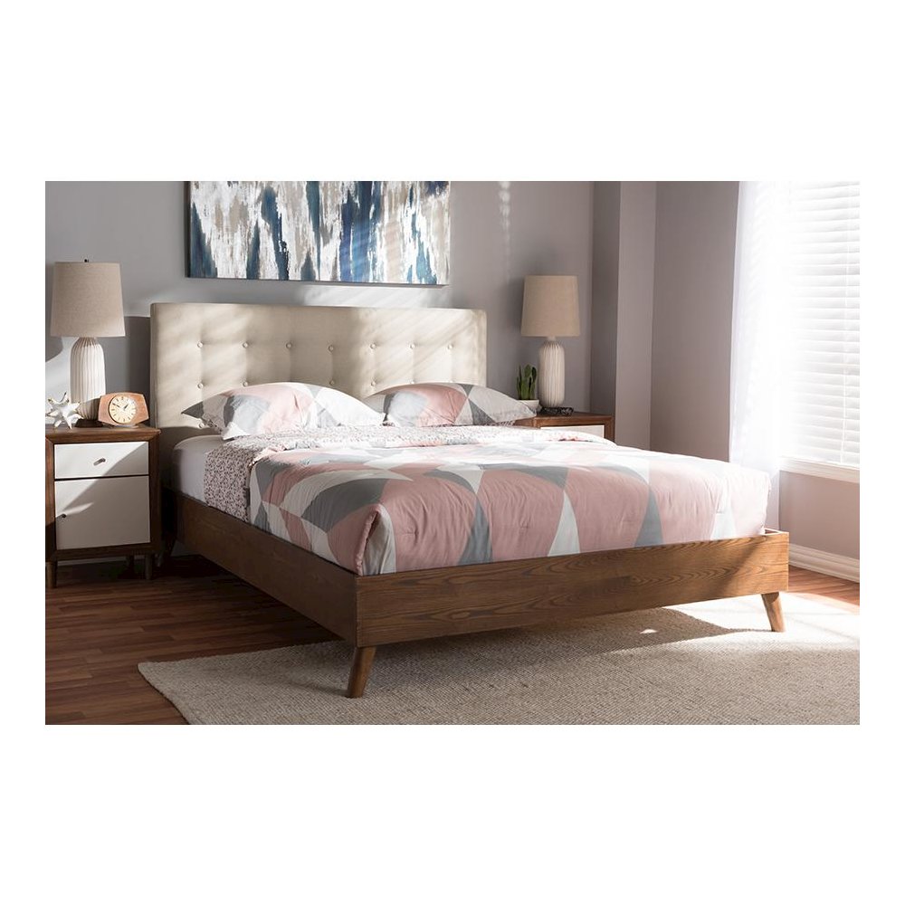 Light Beige Fabric Upholstered Walnut Wood King Size Platform Bed