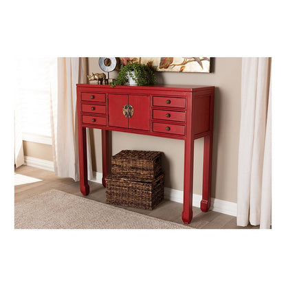 Antique Red Finished Wood Bronze Finished Accents 6-Drawer Console Table