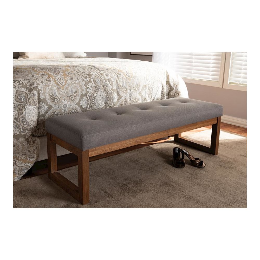 Grey Fabric Upholstered Walnut Brown Finished Wood Bench