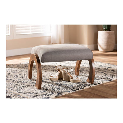 Grey Fabric Upholstered Walnut Brown Finished Wood Ottoman