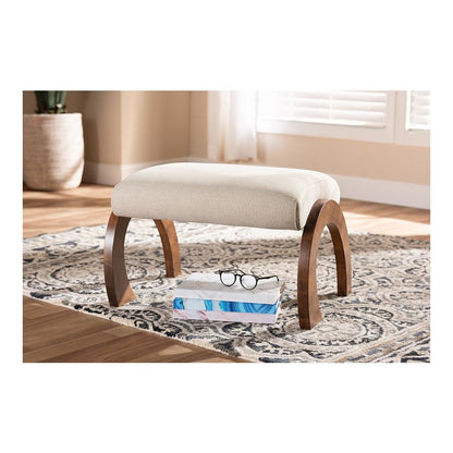 Light Beige Fabric Upholstered Walnut Brown Finished Wood Ottoman