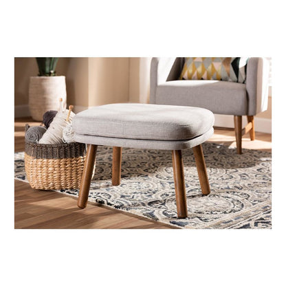 Greyish Beige Fabric Upholstered Walnut Brown Finished Wood Ottoman