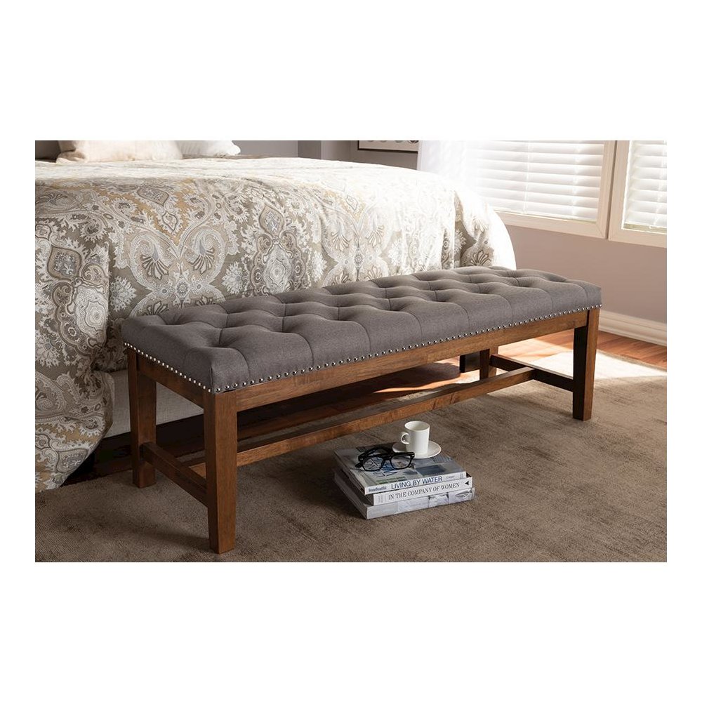 Grey Fabric Upholstered Walnut Finished Solid Rubberwood Bench