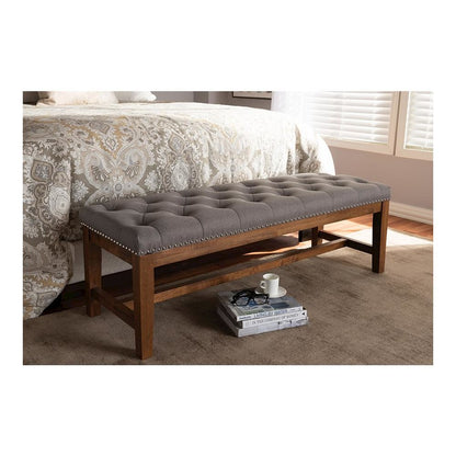 Grey Fabric Upholstered Walnut Finished Solid Rubberwood Bench