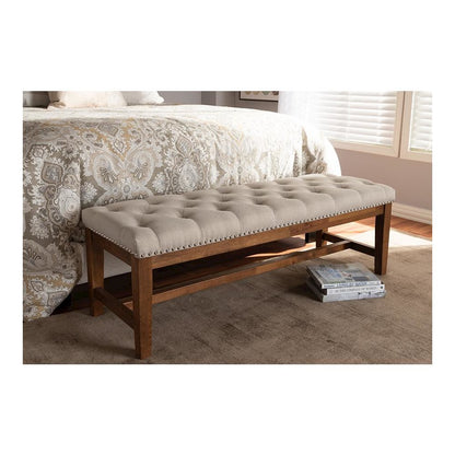 Light Beige Fabric Upholstered Walnut Finished Solid Rubberwood Bench