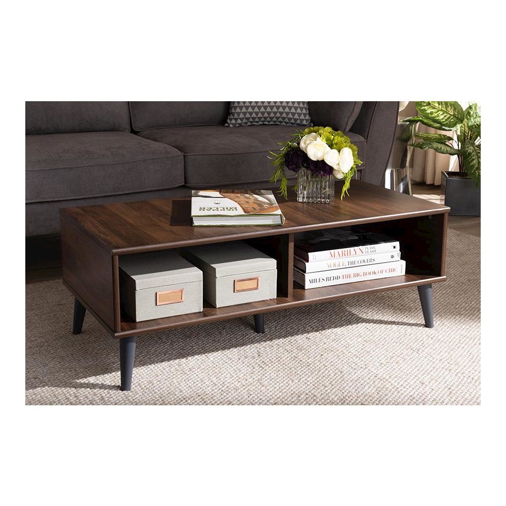 Pierre Mid-Century Modern Brown and Dark Grey Finished Wood Coffee Table