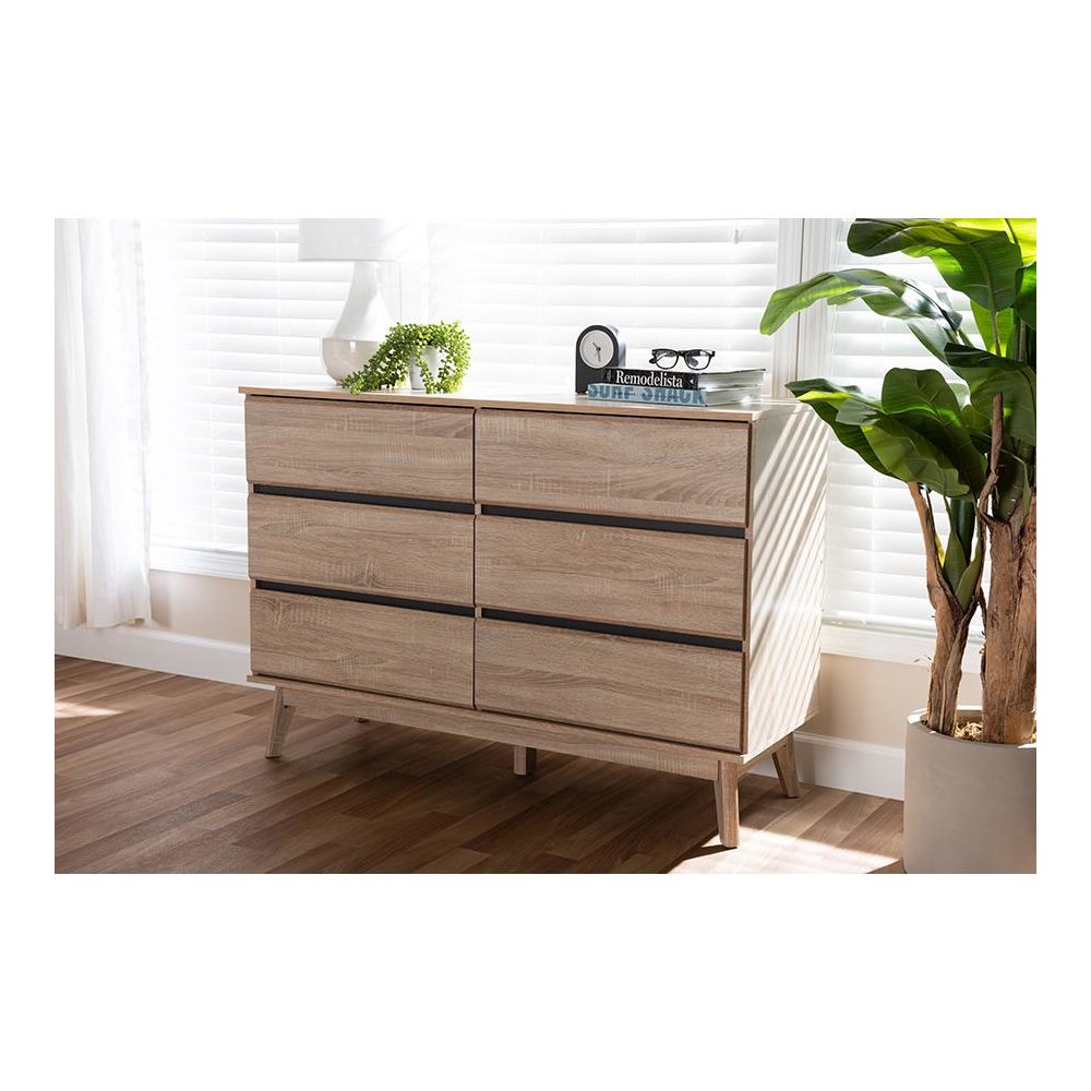 Baxton Studio Miren Mid-Century Modern Light Oak and Dark Grey 6-Drawer Dresser