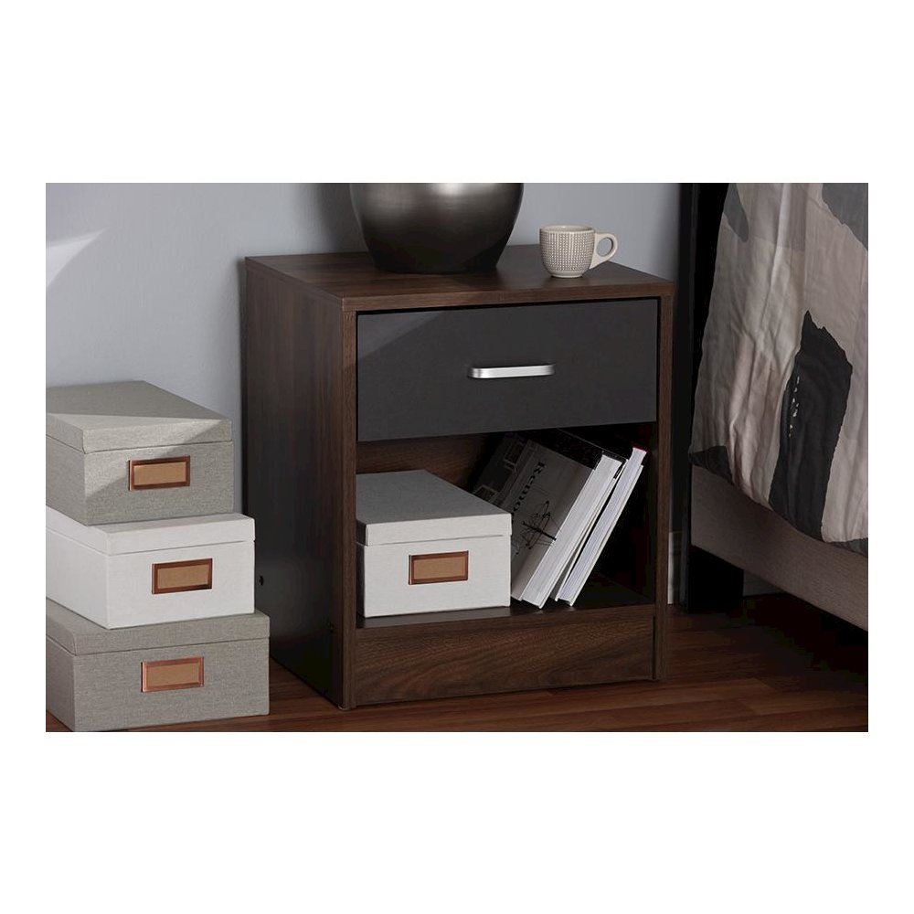 1-Drawer Dark Brown and Dark Grey Finished Nightstand