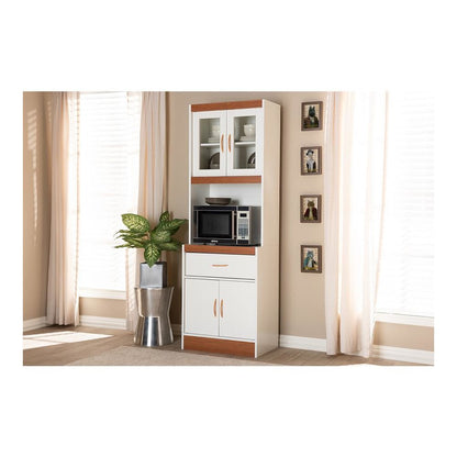 White and Cherry Finished Kitchen Cabinet and Hutch