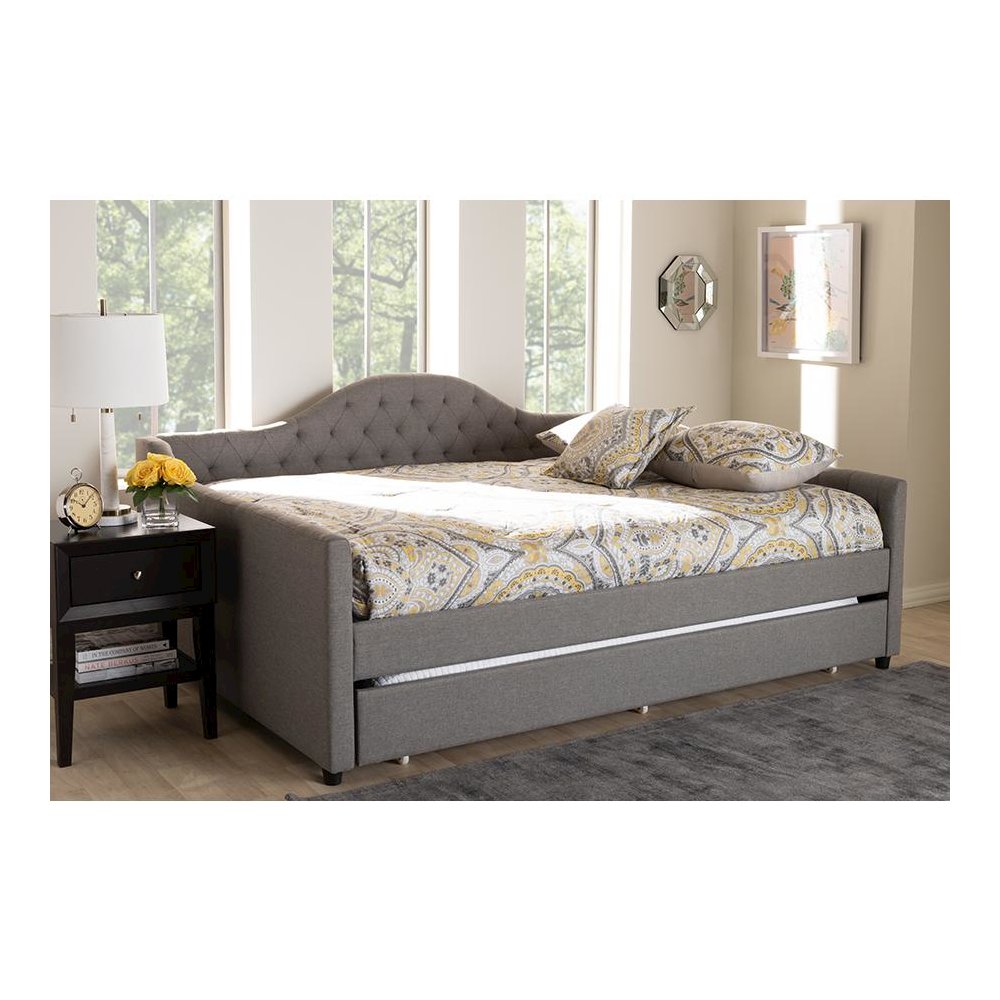 Grey Fabric Upholstered Queen Size Daybed with Trundle