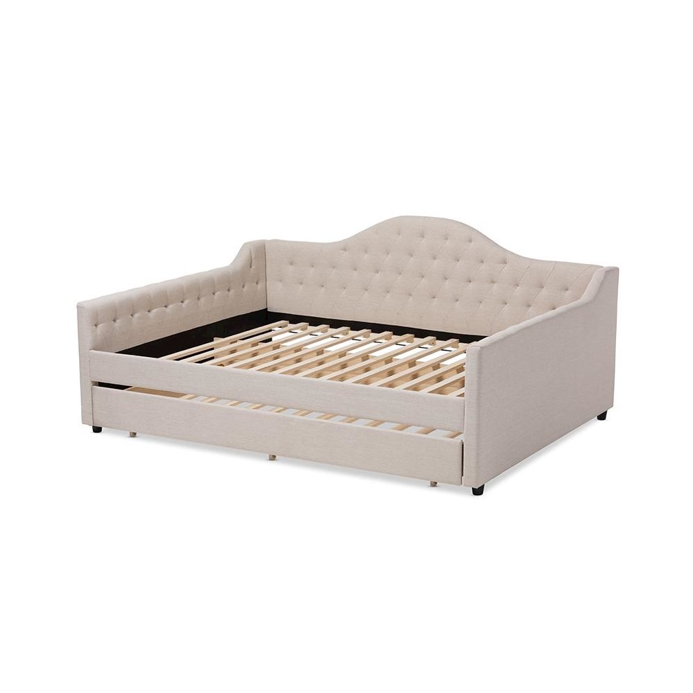 Light Beige Fabric Upholstered Queen Size Daybed with Trundle