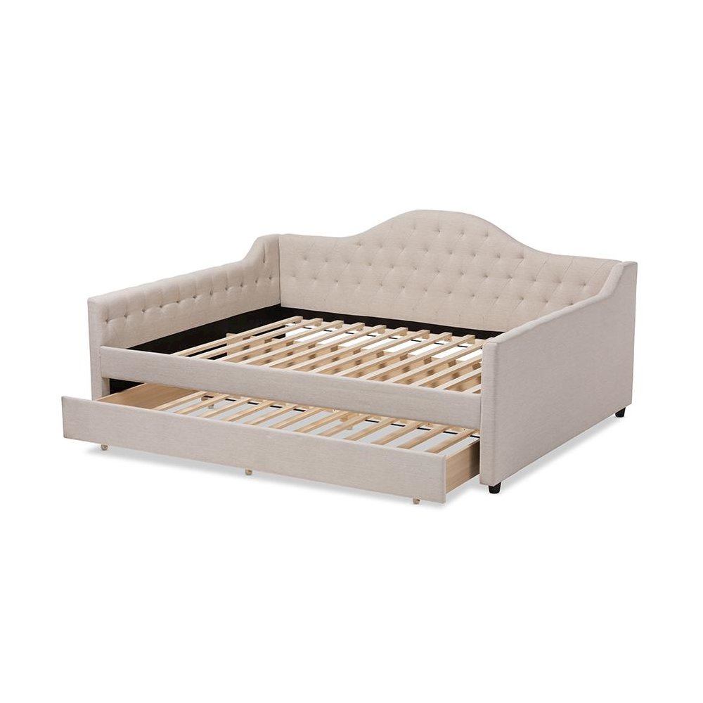 Light Beige Fabric Upholstered Queen Size Daybed with Trundle