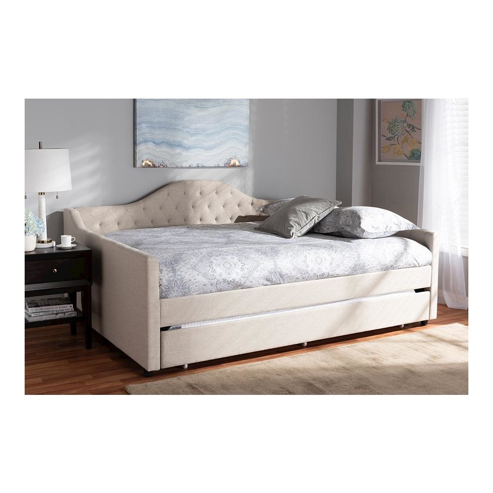Light Beige Fabric Upholstered Queen Size Daybed with Trundle
