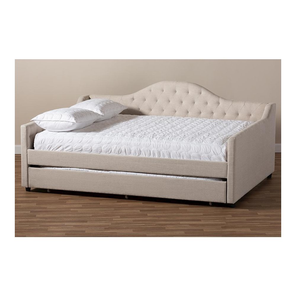 Light Beige Fabric Upholstered Queen Size Daybed with Trundle