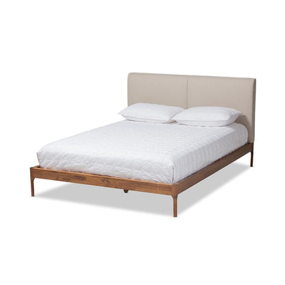 Beige Fabric Upholstered Walnut Finished Queen Size Platform Bed
