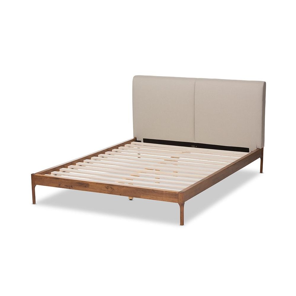 Beige Fabric Upholstered Walnut Finished Queen Size Platform Bed
