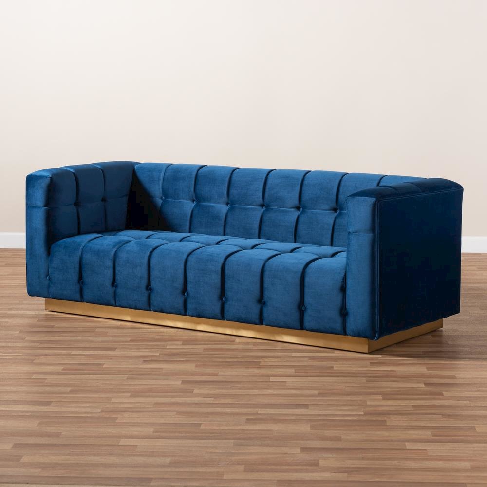 Luxe Navy Blue Velvet Fabric Upholstered Brushed Gold Finished Sofa