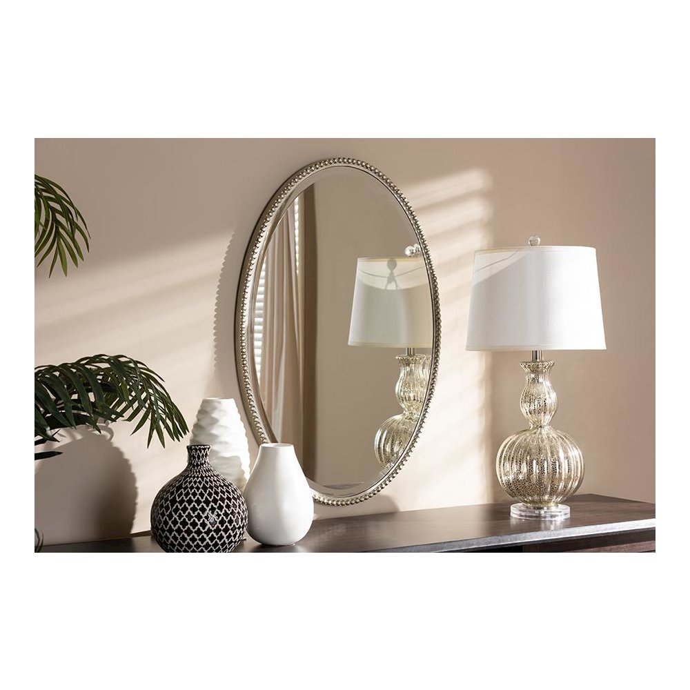 Graca Modern and Contemporary Antique Silver Finished Oval Accent Wall Mirror