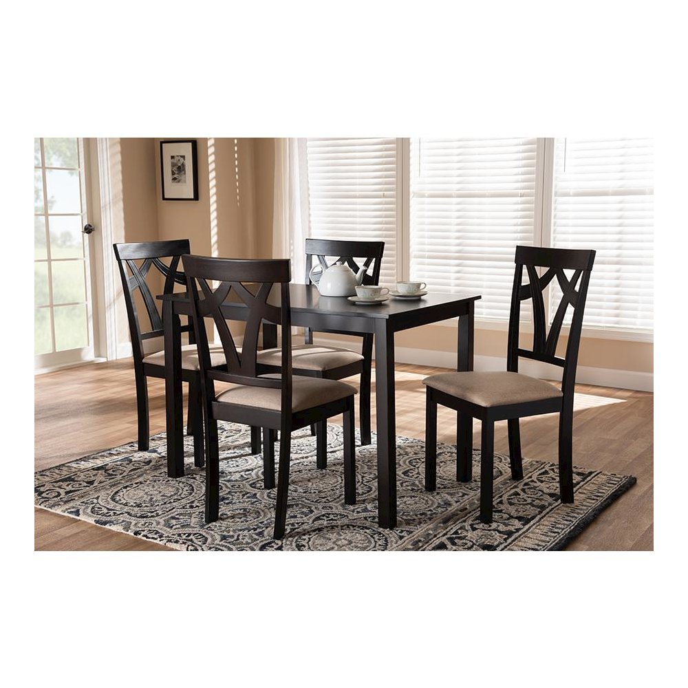 Espresso Brown Finished and Sand Fabric Upholstered 5-Piece Dining Set