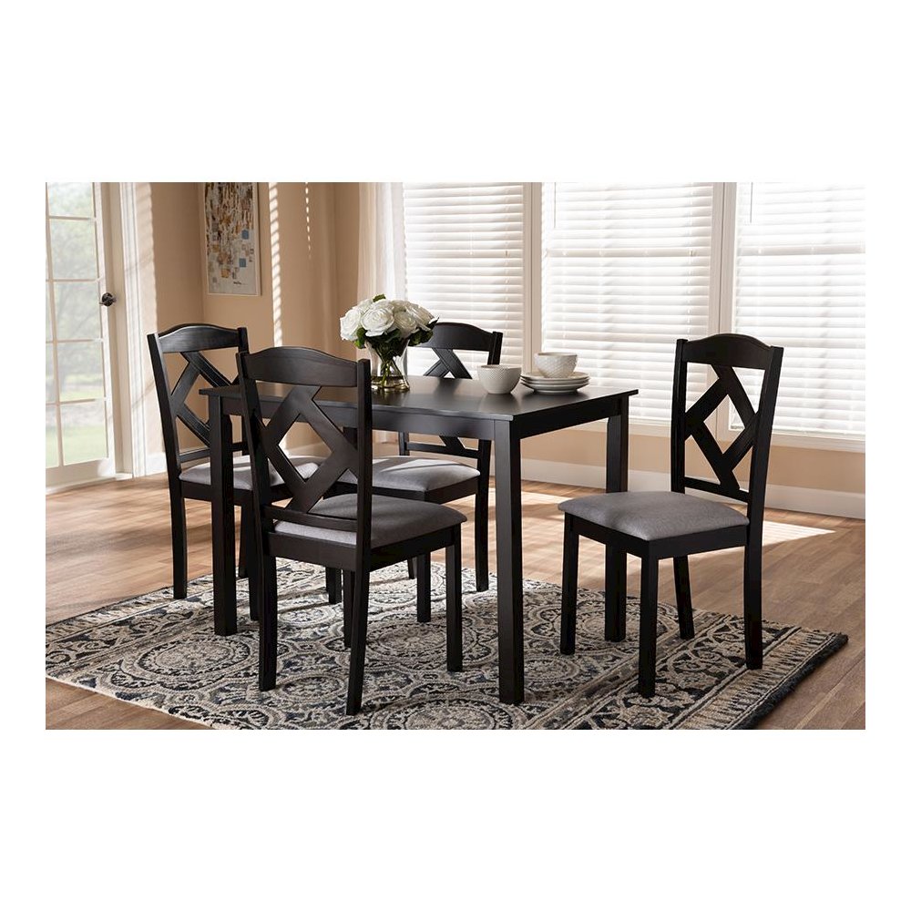 Espresso Brown Finished and Grey Fabric Upholstered 5-Piece Dining Set
