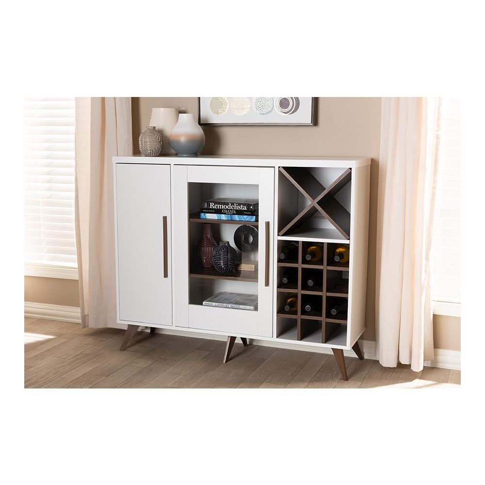 Baxton Studio Pietro Mid-Century Modern White and Brown Finished Wine Cabinet
