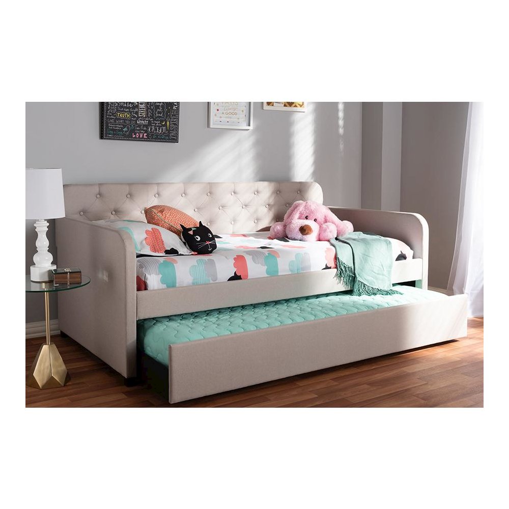 Upholstered Button-Tufted Twin Size Sofa Daybed with Roll-Out Trundle Guest Bed