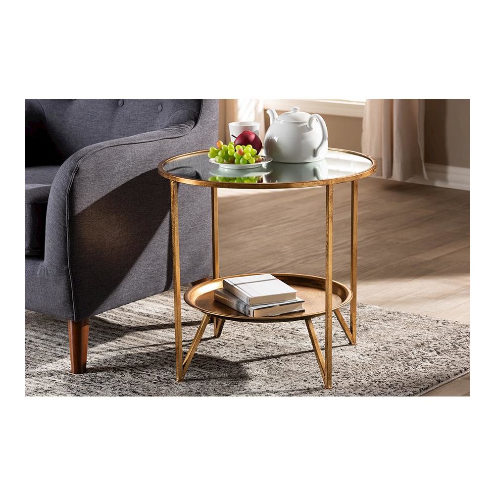 Antique Gold Finished Metal and Mirrored Glass Accent Table with Tray Shelf