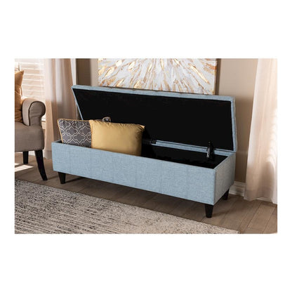 Light Blue Fabric Upholstered Dark Brown Finished Wood Storage Bench Ottoman