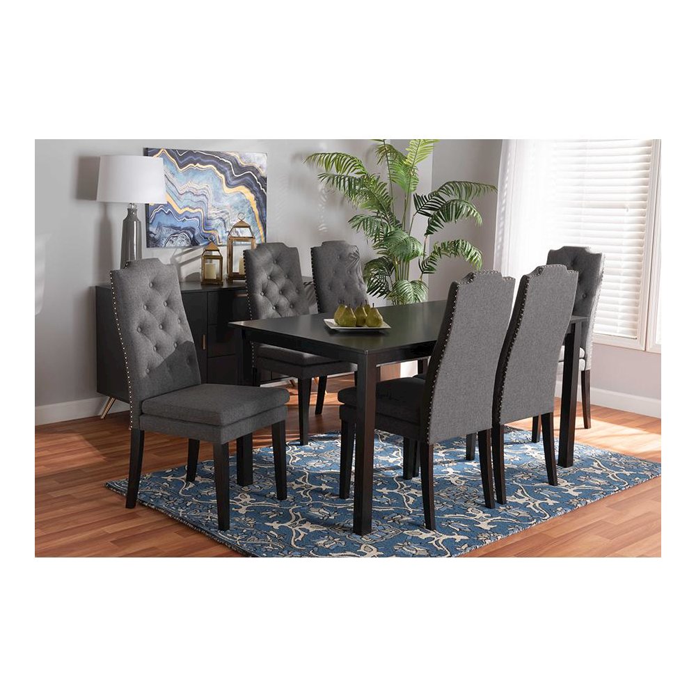 Dark Grey Fabric Upholstered and Dark Brown Finished Wood 7-Piece Dining Set