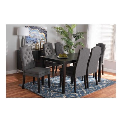 Dark Grey Fabric Upholstered and Dark Brown Finished Wood 7-Piece Dining Set