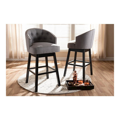 Theron Transitional Gray Fabric Upholstered Wood Swivel Bar Stool Set of 2
