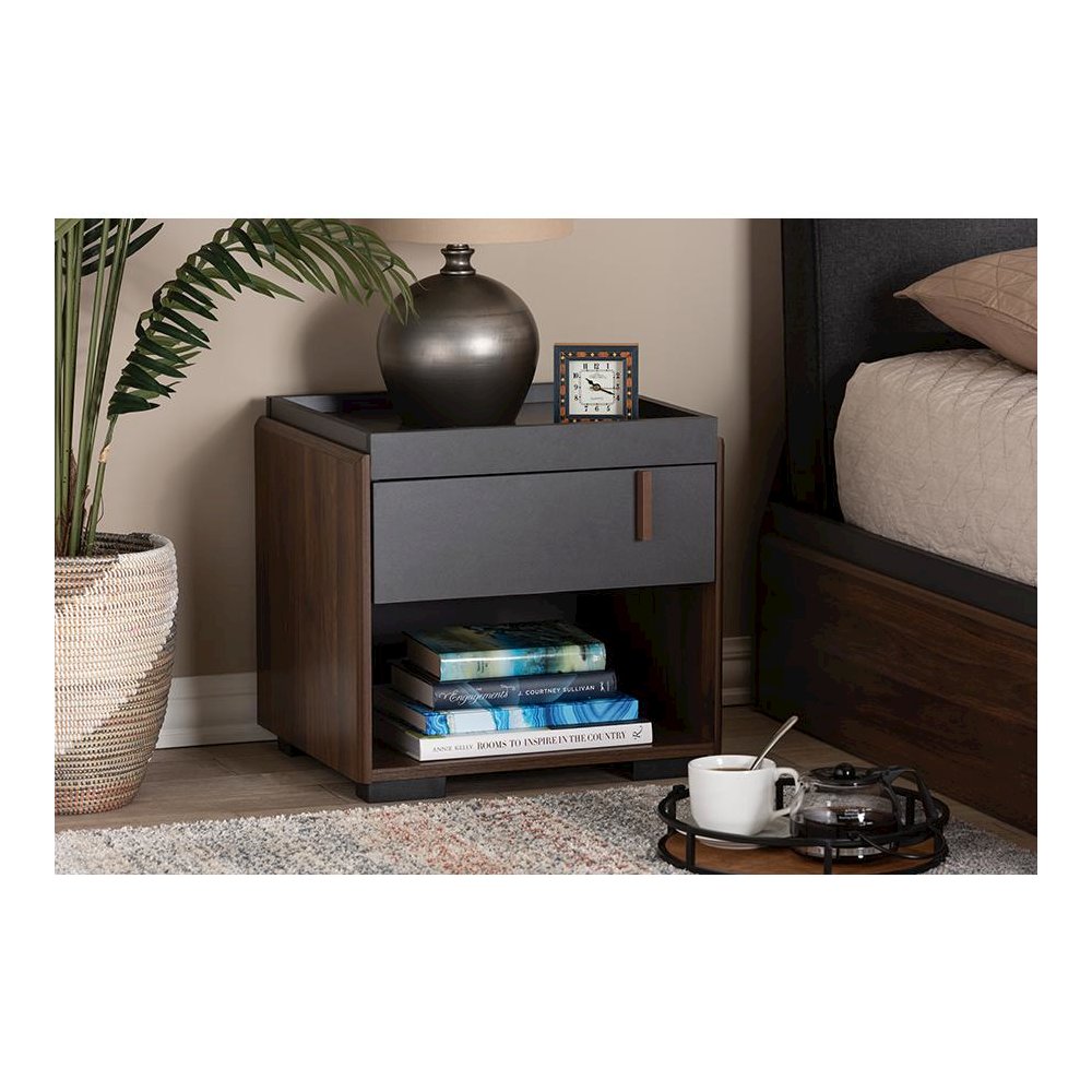Two-Tone Gray and Walnut Finished Wood 1-Drawer Nightstand