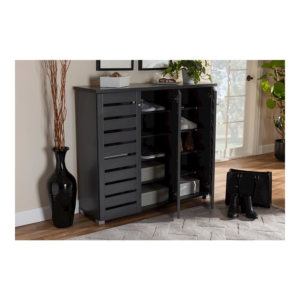 Dark Gray 3-Door Wooden Entryway Shoe Storage Cabinet