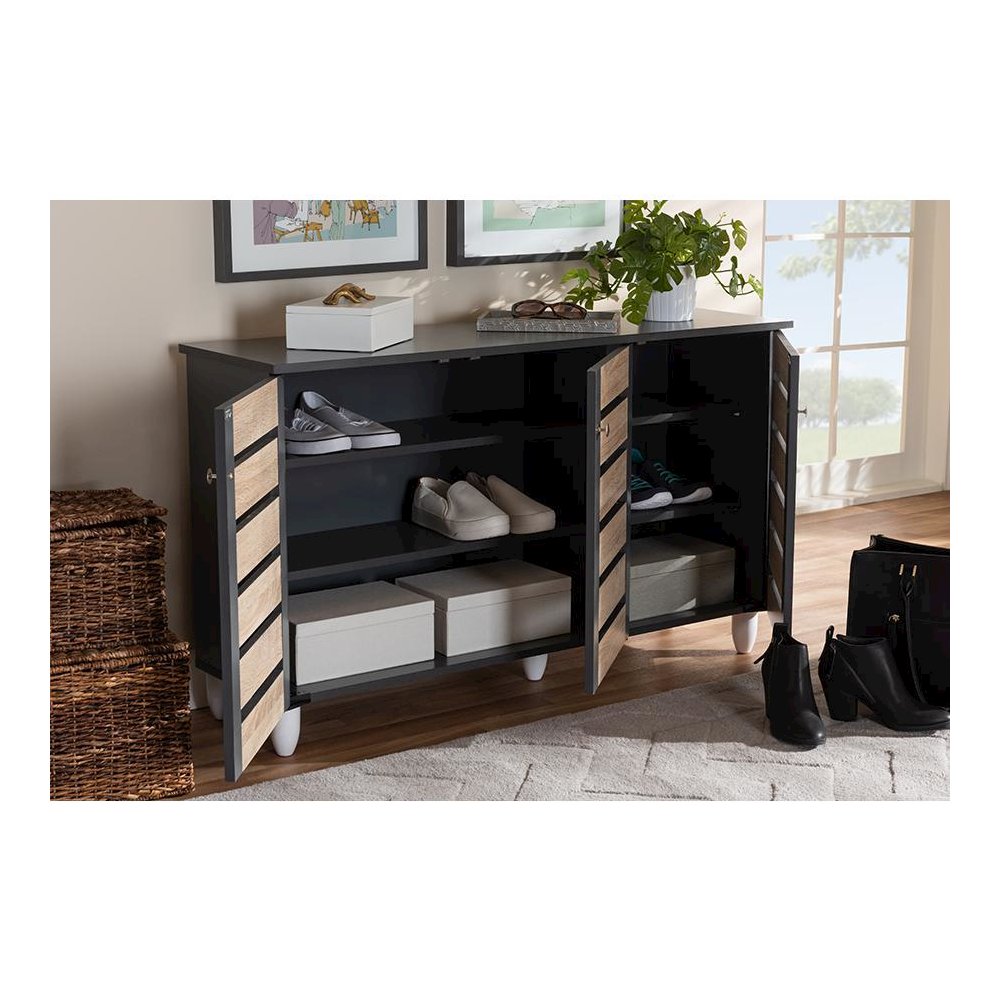 Two-Tone Oak and Dark Gray 3-Door Shoe Storage Cabinet