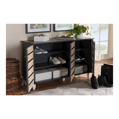 Two-Tone Oak and Dark Gray 3-Door Shoe Storage Cabinet