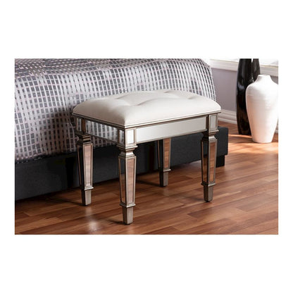Off White Fabric Upholstered Mirrored Ottoman Vanity Bench