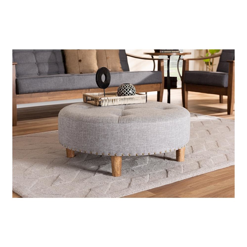 Light Gray Fabric Upholstered Natural Wood Cocktail Ottoman