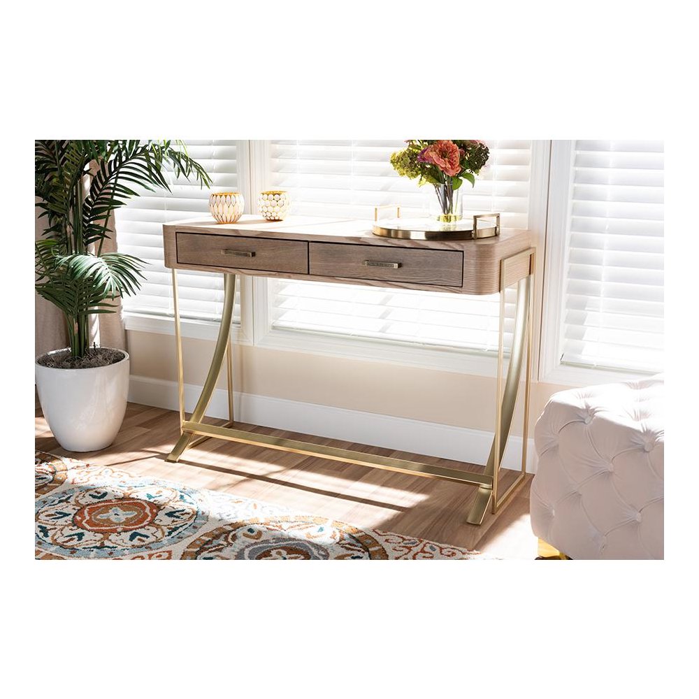 Natural Brown Finished Wood and Gold Finished 2-Drawer Console Table