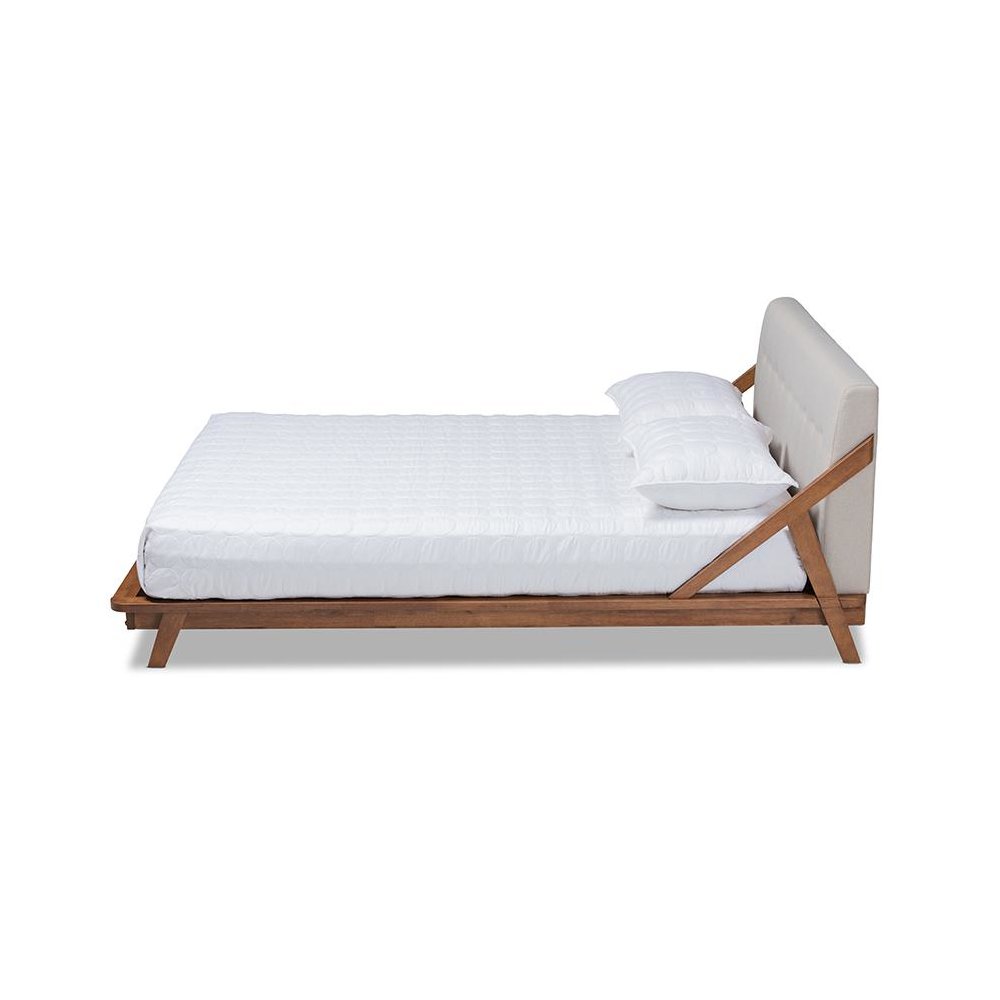 Light Beige Fabric Upholstered Wood Queen Size Platform Bed