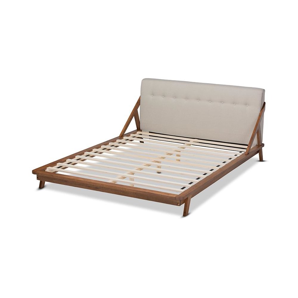 Light Beige Fabric Upholstered Wood Queen Size Platform Bed