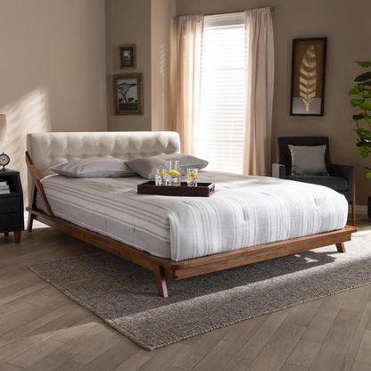 Light Beige Fabric Upholstered Wood Full Size Platform Bed