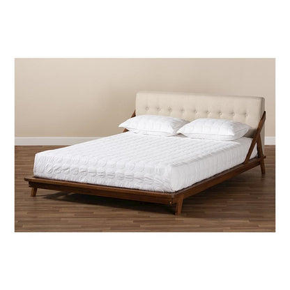 Light Beige Fabric Upholstered Wood Queen Size Platform Bed